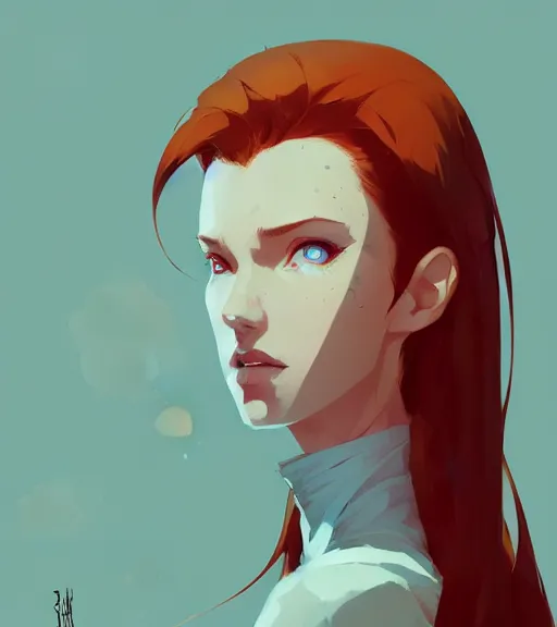 Image similar to portrait of a female mage, red hair, by atey ghailan, by greg rutkowski, by greg tocchini, by james gilleard, by joe fenton, by kaethe butcher, dynamic lighting, gradient light blue, brown, blonde cream and white color scheme, grunge aesthetic