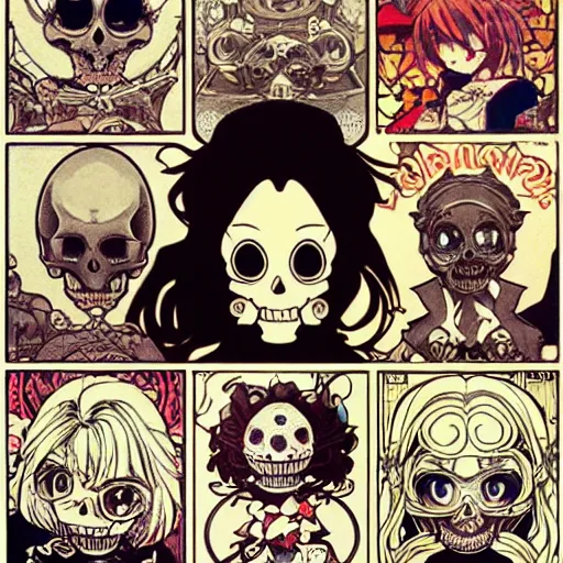 Prompt: anime manga skull portrait girl female skeleton illustration ren stimpy looneytoons art Geof Darrow and cuphead alphonse mucha pop art nouveau
