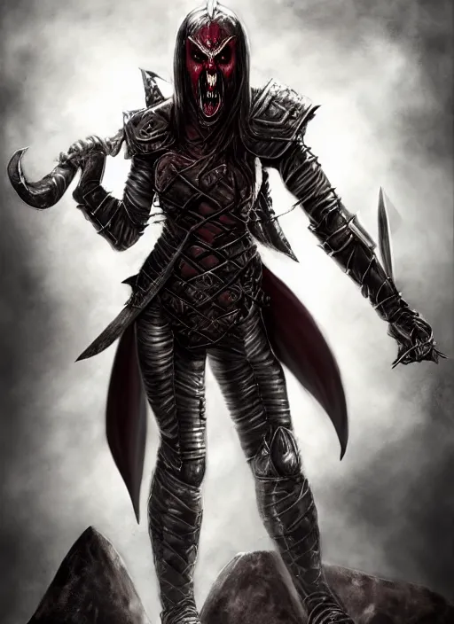 Prompt: female vampire warrior, full body portrait, sharp teeth, grinning, muscular, flying, barefoot, no shoes, exposed feet, black full plate armor, historical armor, realistic armor, covered chest, metal mask, giant two - handed sword dripping blood, realistic, dungeons and dragons.