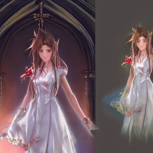 Image similar to aerith from final fantasy in a beautiful dress standing in front of a church, concept art, beautiful lighting, 8 k, digital art, trending on artstation, by yoshitaka amano