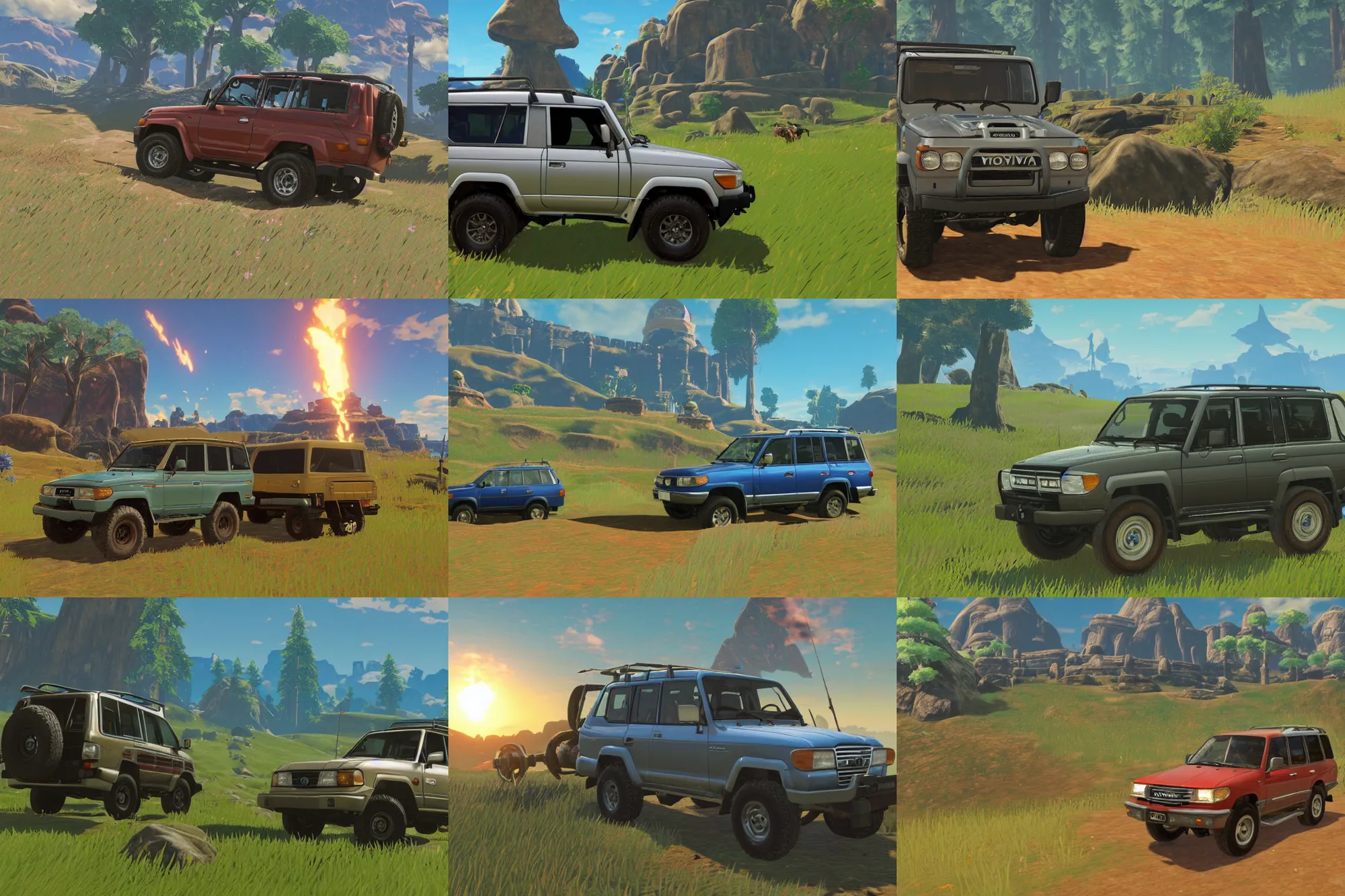 Prompt: 1 9 9 6 toyota landcruiser in zelda breath of the wild, 8 k, highly detailed