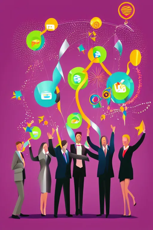 Prompt: corporate Vector illustration of business people jubilant at winning a prize, colourful, high detail, broadband, streamers, fireworks