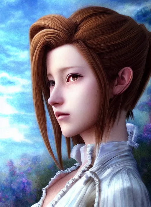 Prompt: administrator of Hell Aerith Gainsborough stares intently at you. bob-cut hair style. ultra detailed painting at 16K resolution and epic visuals. epically surreally beautiful image. amazing effect, image looks crazily crisp as far as it's visual fidelity goes, absolutely outstanding. vivid clarity. ultra. iridescent. mind-breaking. mega-beautiful pencil shadowing. beautiful face. Ultra High Definition. processed twice. polished marble.