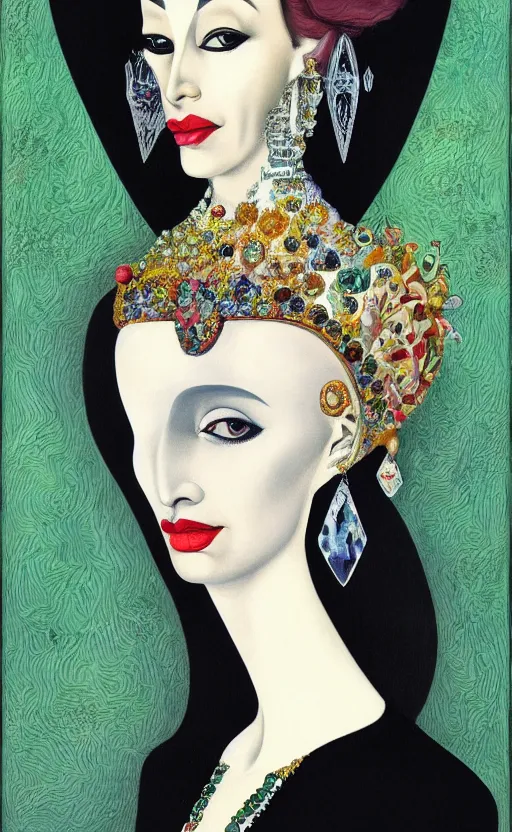 Prompt: a Hungarian portrait of a Queen, by Marcel Jankowicz, by Kay Nielsen, by Mary Blair, by Georgia o Keeffe, trending on artstation , winner,dark fantasy, tonalism