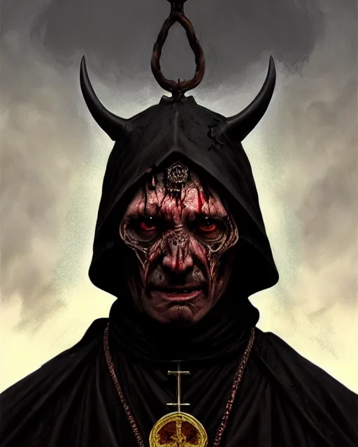 Image similar to realistic wide angle portrait of an evil bishop, dark magic, heroic pose, full body, dramatic lighting, dark and horror, dust and blood, intricate, wild, highly detailed, digital painting, artstation, concept art, smooth, sharp focus, illustration, art by artgerm and greg rutkowski and alphonse mucha, footage from space camera