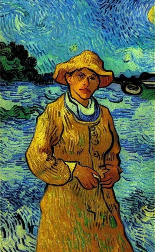 Image similar to detailed expressionist!! oil painting masterpiece portrait of a washerwoman in the river!! by van gogh, 8 k resolution, smooth, sharp focus, matte painting, beautiful masterpiece expressionist painting