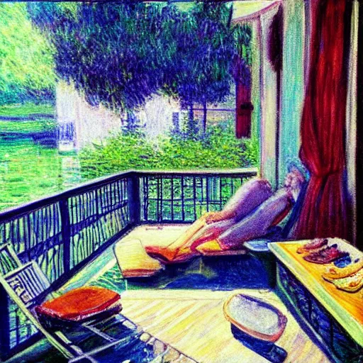 Image similar to “sunlit balcony with outdoor sofa, backgammon, a pair of shoes, peaceful, nostalgic, in the style of Monet”