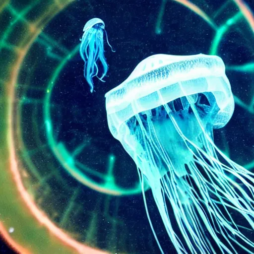 Prompt: a jellyfish wearing sunglasses in space, professional photo, epic shot, dramatic lighting