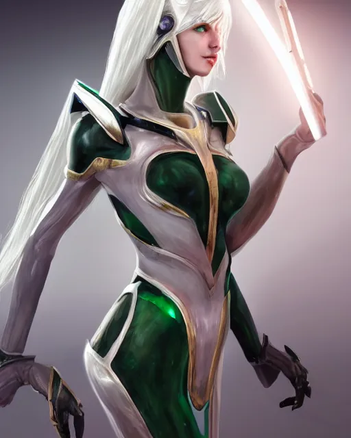 Image similar to perfect white haired attractive egyptian goddess, warframe armor, beautiful, symmetric, dreamy, half asian, pretty face, green eyes, charlize theron, detailed, scifi platform, laboratory, experiment, 4 k, ultra realistic, epic lighting, android body, illuminated, cinematic, masterpiece, art by akihito tsukushi, voidstar