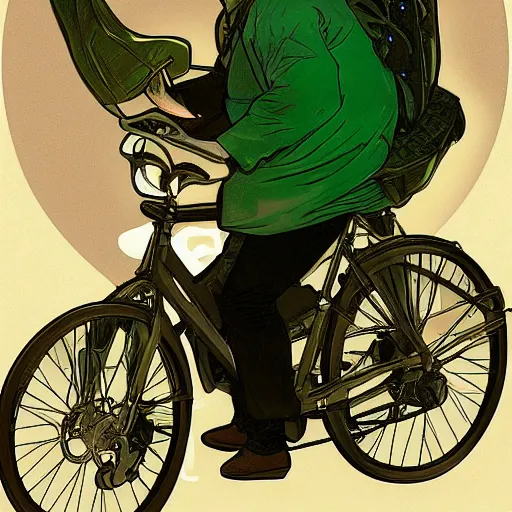 Image similar to a uber eats delivery guy with a green bag on his back, peddling his bicycle, 30mm, by alphonse mucha, artgerm, H R Giger, trending on ArtStation, deviantart, high detail, stylized portrait