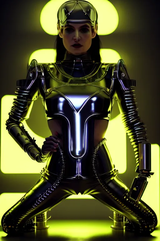 Prompt: edgy powerful female chrome futuristic cyborg with curved metal Loki horns, , full body, chrome motorcycle parts and machine abstract background, neon bar lights, 3d render, octane, 8k, volumetric lighting, hyper-realistic, dark fantasy, diffuse lighting, intricate, highly detailed, lifelike, photorealistic, digital painting, trending on artstation, smooth, sharp focus, art by John Collier and Albert Aublet and Krenz Cushart and Artem Demura and Alphonse Mucha