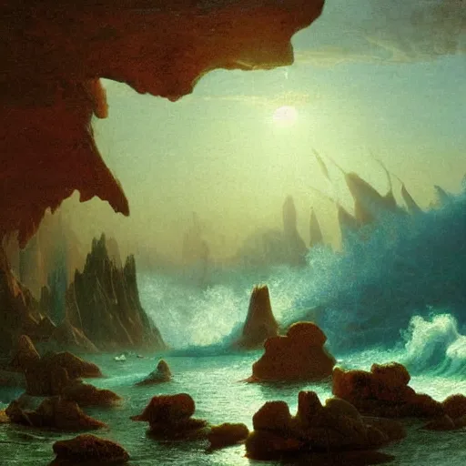 Prompt: charm'd magic casements opening on the foam of perilous seas, in Faerie lands forlorn, by Albert Bierstadt and James Gurney, 4k, aesthetic