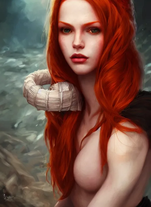 Image similar to Beautiful redhead girl which chest wrapped in bandages, portrait, fantasy, medieval, vivid colors, fantasy, elegant, concept art, sharp focus, beautiful face, digital art, Hyper-realistic, 4K, Unreal Engine, Highly Detailed, HD, Dramatic Lighting by Brom, trending on Artstation