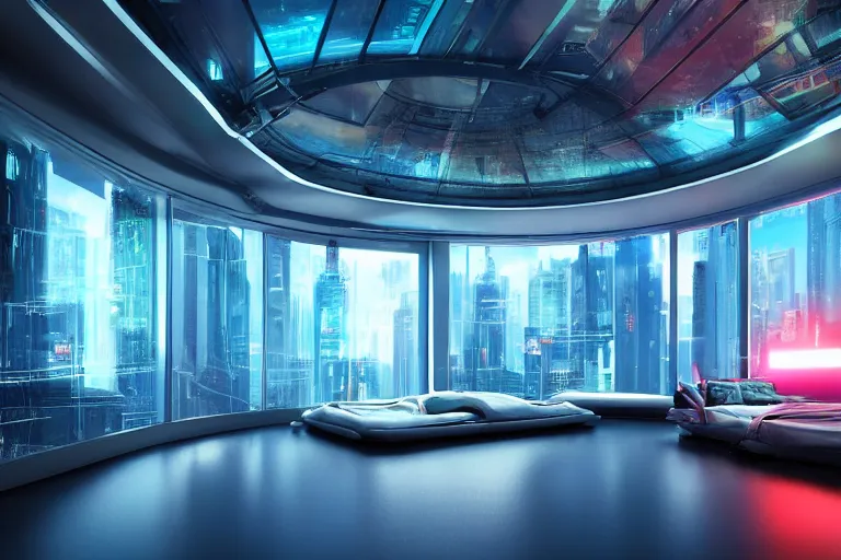 Image similar to a futuristic bedroom with large curved ceiling high windows looking out to a far future cyberpunk cityscape, cyberpunk neon lights, raining, scifi