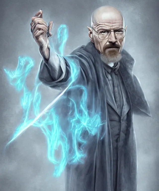 Prompt: Walter White as Dumbledore with meth Patronus Charm fantasy concept art by J.Dickenson