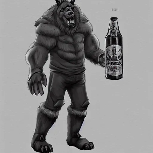 Image similar to a humanoid german shepherd beast - man in soccer style, holding a bottle of beer, artstation, concept art, smooth, sharp foccus ilustration, artstation