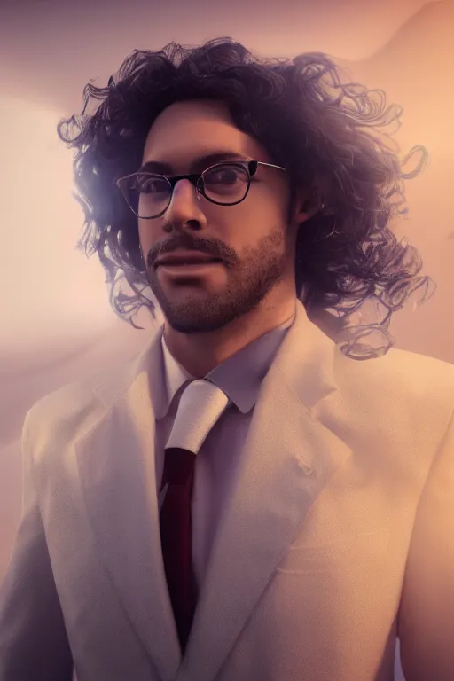 Prompt: the Moon with long curly hair, wearing glasses, wearing a formal overcoat, portait photo profile picture, hyperrealistic concept art, octane render, unreal engine 5, digital art hi