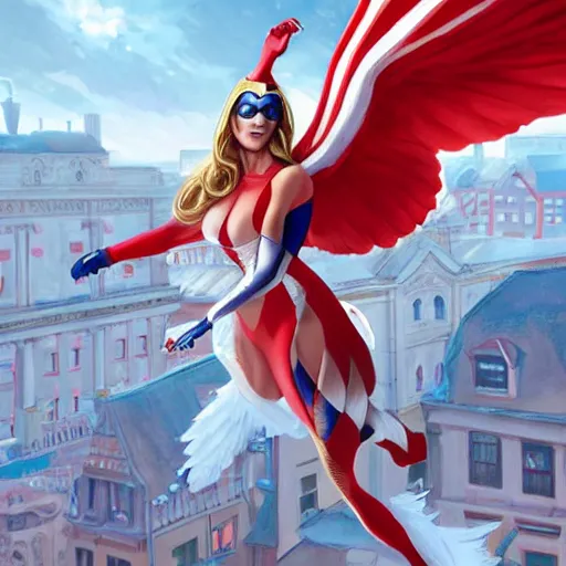 Image similar to captain vienna, a austrian superhero, red and white costume colors, with an eagle emblem, eagle logo, vienna city, european buildings, austrian architecture, highly detailed, digital painting, artstation, concept art, smooth, sharp focus, illustration, unreal engine 5, 8 k, art by artgerm and greg rutkowski and edgar maxence