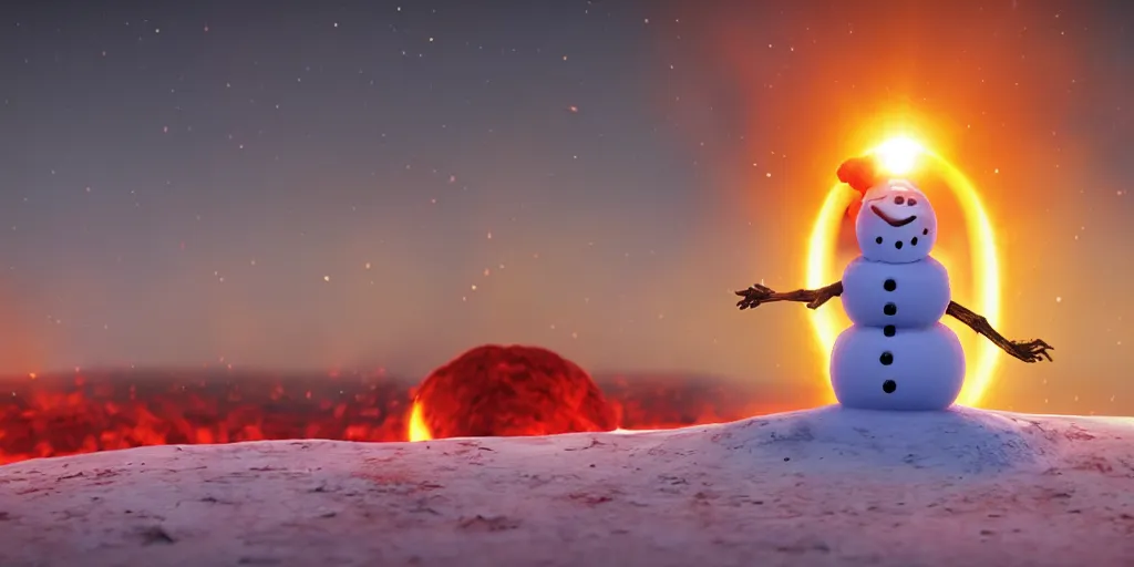 Image similar to a snowman melting on top of the sun. the ground is made of fire and lava and is glowing orange. cinematic, dramatic, epic, volumetric lighting, atmospheric, red, orange extremely coherent, 8 k, space, warm, blade runner 2 0 4 9