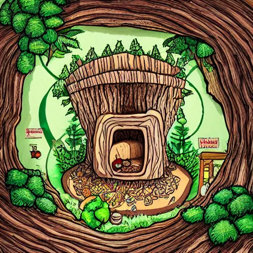 Prompt: a detailed cross-section illustration of tiny gnomes expansive home inside a tree trunk, hand-drawn