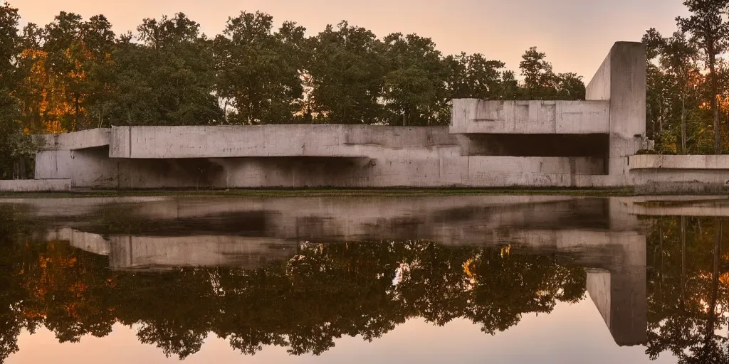 Prompt: huge building in shape of skull by le corbusier brutalism, puddles of water, trees, sunrise, orange glow, by greg rutkowsky and ivan shishkin,