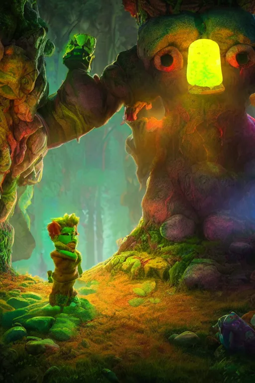 Image similar to arcane fantasy art giant golem elemental wood rock bastion forged gemstone enchanted forest troll, global illumination ray tracing hdr fanart arstation by sung choi and eric pfeiffer and gabriel garza and casper konefal lisa frank zbrush central hardmesh radiating a glowing aura