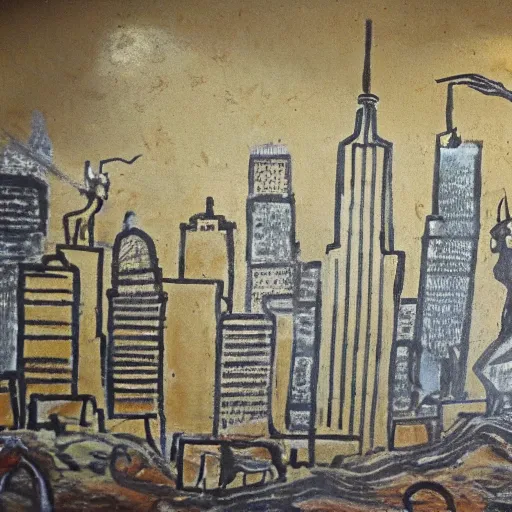 Image similar to cave painting of new york city on a cave wall, cave painting, detailed