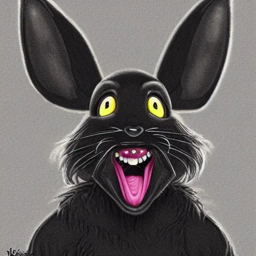 Image similar to A extremely highly detailed majestic hi-res beautiful, highly detailed head and shoulders portrait of a scary terrifying, horrifying, creepy black cartoon rabbit with scary big eyes, earing a shirt laughing in the style of Walt Disney