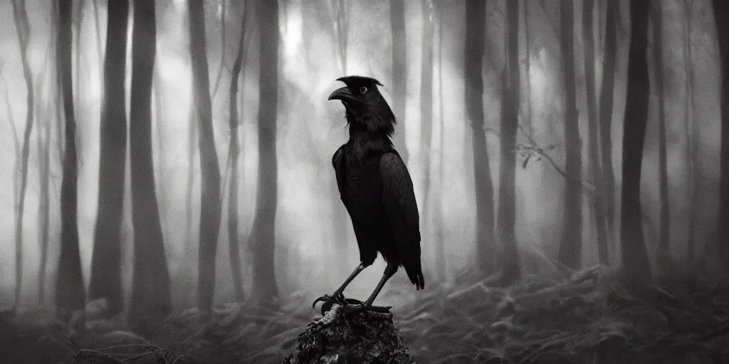 Image similar to mixture between a human and crow, photograph captured in a dark forest