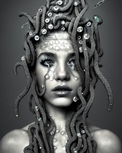 Image similar to surreal mythical dreamy artistic black and white fine art photo of a beautiful young female queen - medusa - cyborg covered with metal fish scales and translucent algae, highly detailed, intricate crystal ivy jelly fish scales ornate, poetic, octane render, 8 k, photo - realistic