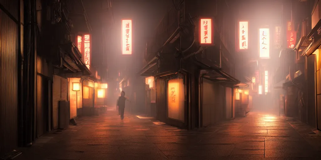 Image similar to a japanese alleyway in the style of blade runner 2049, volumetric lighting,