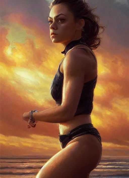 Image similar to Mila Kunis wearing black choker, epic portrait of a very strong muscled Amazon heroine, sun beams across sky, pink golden hour, stormy coast, intricate, elegance, highly detailed, shallow depth of field, epic vista, concept art, art by Artgerm and Donato Giancola, Joseph Christian Leyendecker