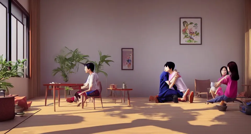 Prompt: wide shot of asian couple hugging at each other, sitting in rural living room, group of table fans placing around the room, day light, colorful mood, high details, octane render, 8 k, digital illustration by kyuyong eom, artstation behance pinterest