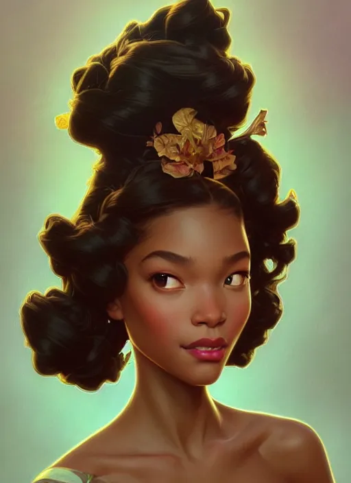 Image similar to portrait of disney tiana, intricate, elegant, highly detailed, my rendition, digital painting, artstation, concept art, smooth, sharp focus, illustration, art by artgerm and greg rutkowski and alphonse mucha and uang guangjian and gil elvgren and sachin teng, symmetry!!