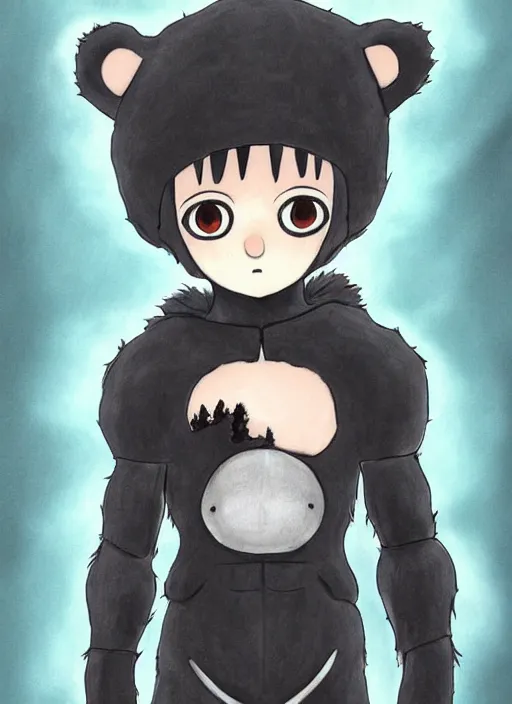 Image similar to beautiful little boy wearing an cyborg bear suit, artwork in kentaro miura and made in abyss and rosdraws, smooth, beautiful lightness, anatomically correct, trending on pixiv, forest