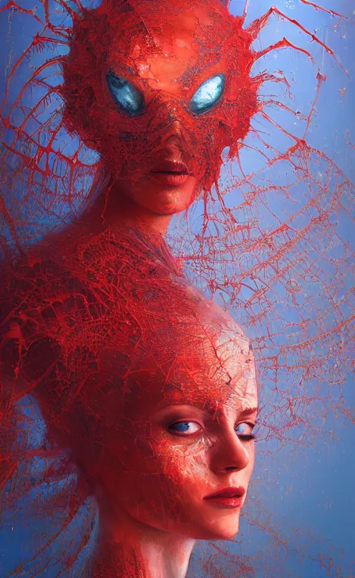 Image similar to a red oil painting hyperrealism of a beautiful woman, cobwebs, spider makeup, cobwev headdress, 8 k resolution, octane render, trending on artstation, by gediminas pranckevicius, volumetric light 2 blue fractal thunder glow by dan mumford, anaglyph effect, laurie lipton