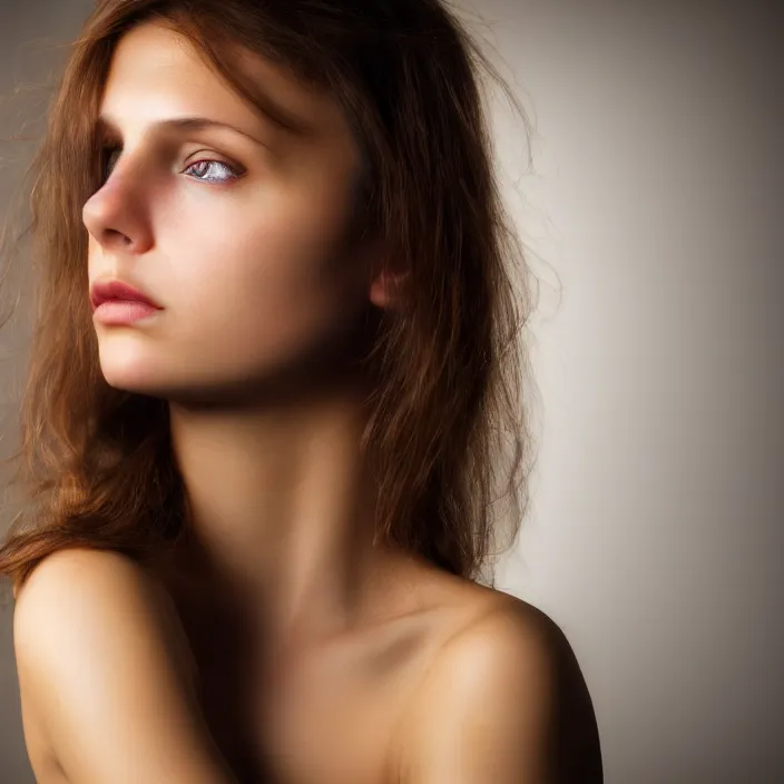 Prompt: photographic Close-up face of a extremely beautiful girl with light brown hair , high light on the left, non-illuminated backdrop, illuminated by a dramatic light, Low key lighting, light dark, High constrast, dramatic , Steve Mccurry, Greg Rutkowski, Alphonse Mucha ,dark background, high quality, photo-realistic, 8K,