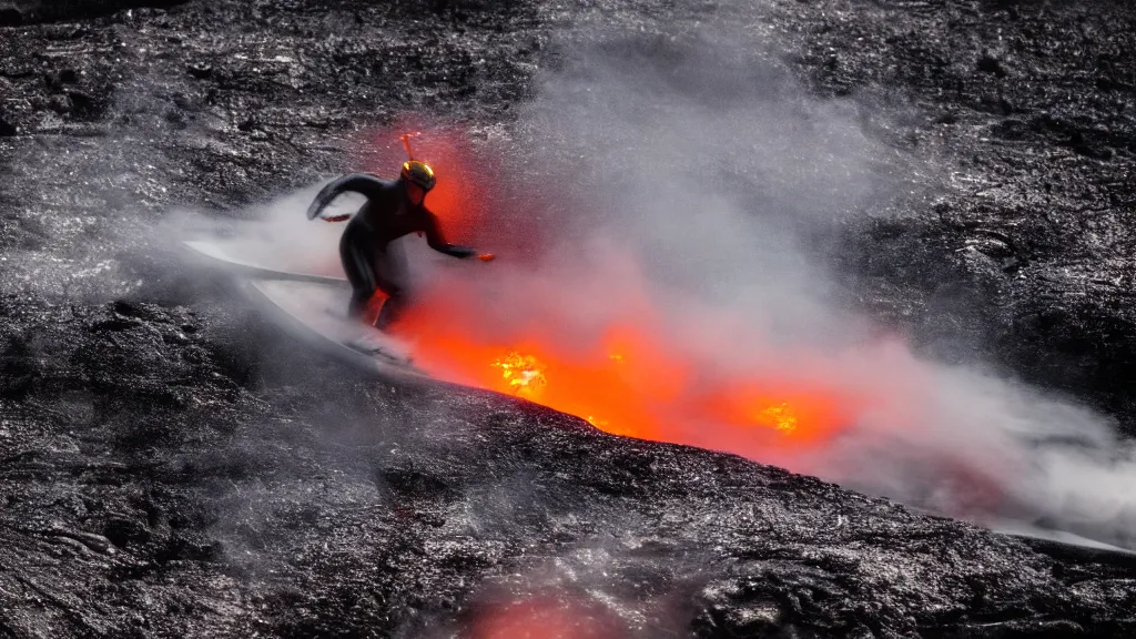 Image similar to person in armor surfing down a river of lava on the side of a volcano on surfboard, action shot, dystopian, thick black smoke and fire, motion blur, sharp focus, cinematic, tilt shift lens