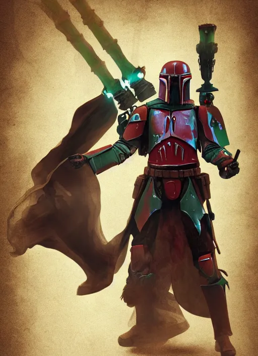 Image similar to arcane wizard x boba fett, fantasy inspired boba fett as a wizard, 3 d digital art, character mashup, epic volumetric lighting, combination art, photorealistic, sharp focus, aesthetic