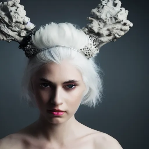 Image similar to a pale girl with white hair wears a crown of an animal skull, cinematic lighting, ultra detailed