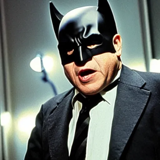 Image similar to Movie still of Danny Devito playing the role of Batman