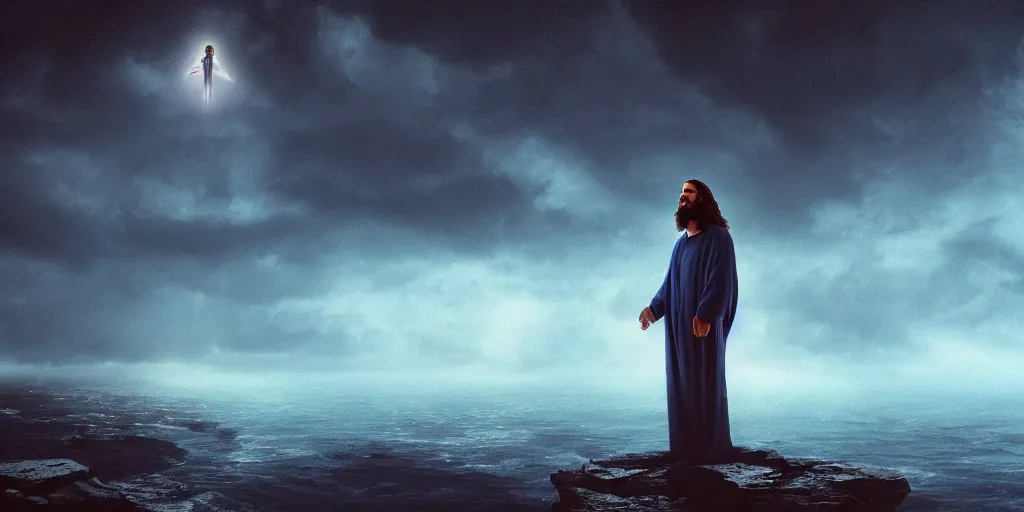 Image similar to jesus in the dark, timid, humidly horrific sky, floating atop a tumultuous ocean, dark blue atmosphere, vignette, beautiful lighting, shot by h. r. giger, trending on artstation, cgsociety contest winner, 4 k, 8 k