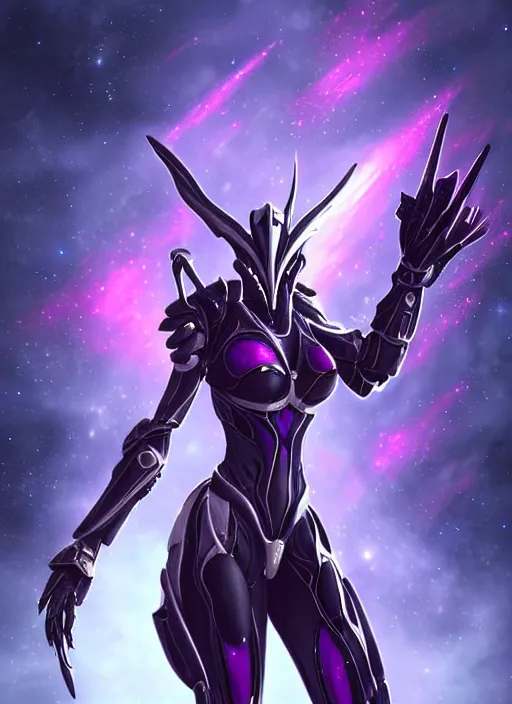 Image similar to detailed cinematic shot, cosmic sized perfectly proportioned stunning beautiful hot female warframe, detailed mecha female dragon head, metal ears purple eyes, sleek silver armor, fuschia leds, floating in empty space, nebula sized, holding a planet, epic proportions, epic size, epic scale, furry art, dragon art, giantess art, warframe fanart, furaffinity, deviantart