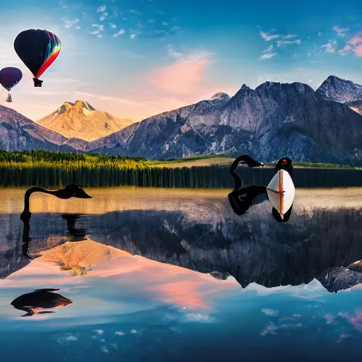 Image similar to photo of two black swans touching heads in a beautiful reflective mountain lake, a colorful hot air balloon is flying above reflecting off water, hot air balloon, intricate, 8k highly professionally detailed, centered, HDR, CGsociety