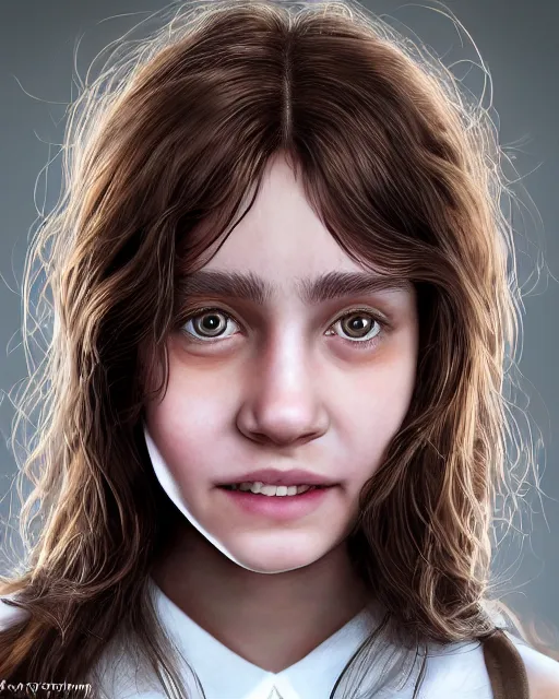 Image similar to close up portrait of 1 5 - year - old girl, smile with large front teeth, hermione granger, very bushy brown hair, and very bright brown eyes, wearing white shirt, hyper realistic face, beautiful eyes, character art, art by mark brooks, hyperdetailed, cryengine, trending on artstation, digital art