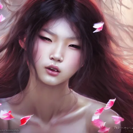 Prompt: very very very beautiful asian girl turning into a ferocious werewolf, large teeth, falling flower petals, epic digital painting, art by wlop and raymond swanland and chie yoshii, extreme detail