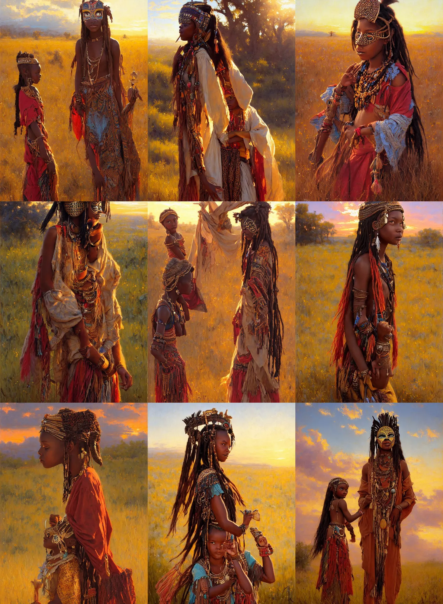 Prompt: fantasy portrait of young girl in african mask. rich wooden jewerly. boho dress. poncho. clouds on the field at sunset light. painting by Darrel K Sweet. Daniel F Gerhartz. Jeremy Lipkin. Hildebrandt Brothers.