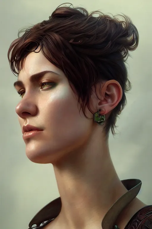 Image similar to photorealistic portrait of a young butch solarpunk woman, handsome, female, masculine, upper body, fantasy, fierce, sharp features, intricate, elegant, highly detailed, digital painting, artstation, concept art, matte, sharp focus, illustration, art by artgerm and greg rutkowski and alphonse mucha