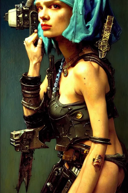 Prompt: full character portrait max mad cyberpunk warhammer 4 0 k, medic sapper not the girl with the pearl earring character design, painting by gaston bussiere, katsuya terada, nc wyeth, greg rutkowski, craig mullins, vermeer, frank frazetta, mucha, tom of finland, trending on artstation, jeffery catherine jones, by norman rockwell