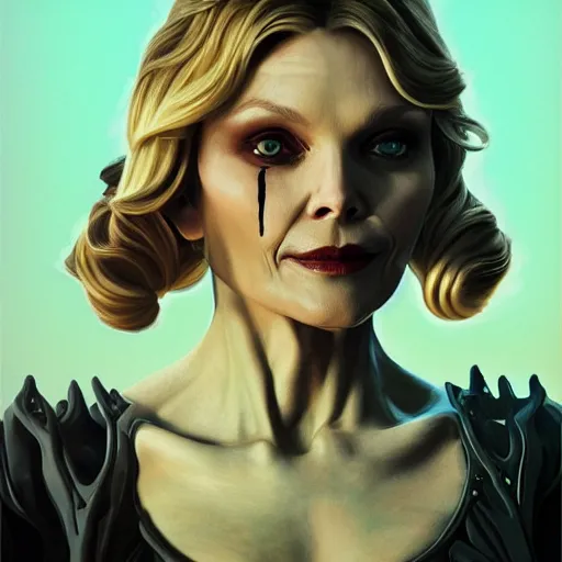 Image similar to michelle pfeiffer is the queen of the undead, portrait painting, medium shot, asymmetrical, profile picture, organic painting, sunny day, matte painting, bold shapes, hard edges, street art, trending on artstation, by huang guangjian, m and gil elvgren and sachin teng